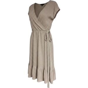 Caution To The‎ Wind Tan White Striped Wrap Front Ruffle Hem Dress Medium